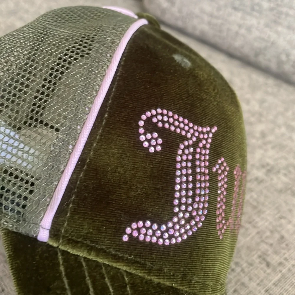 Juicy Couture Olive Green Velour Velvet Baseball Cap with Pink Crystal Logo‎